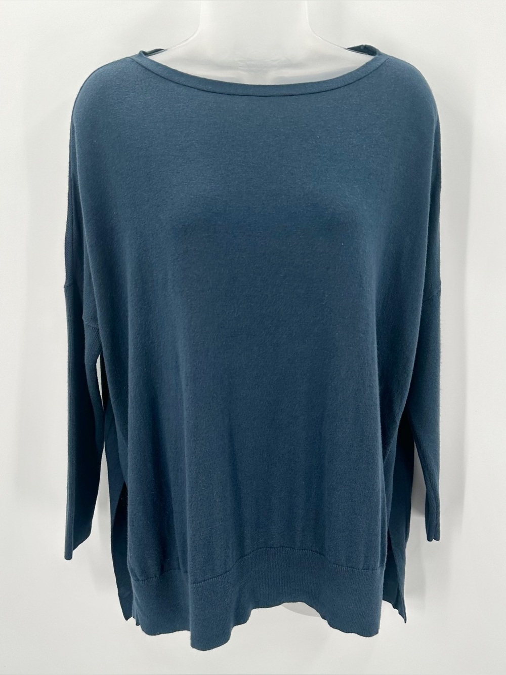 Lou & Grey Sweater XS Women Split Hem Knit Blue Cotton Wool Blend Drop Shoulder